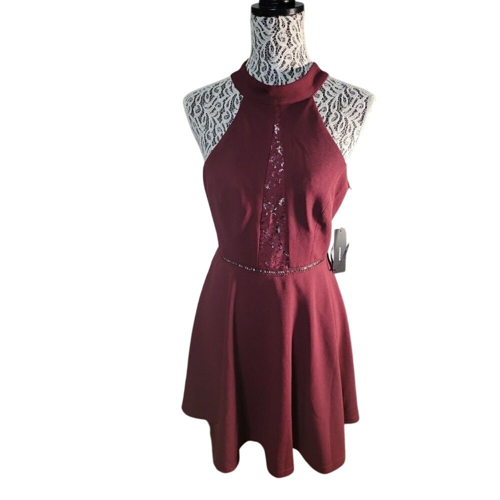 Lulus Halterโ Neck Party Dress Lace Detail Fit & Flare Maroon S designer prom